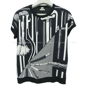 2021 HERMES Short sleeve t shirt Twillaine Cannes et Cannes #36 Noir (Black)/Blanc (White) Silk100%[EXCELLENT][Authentic]