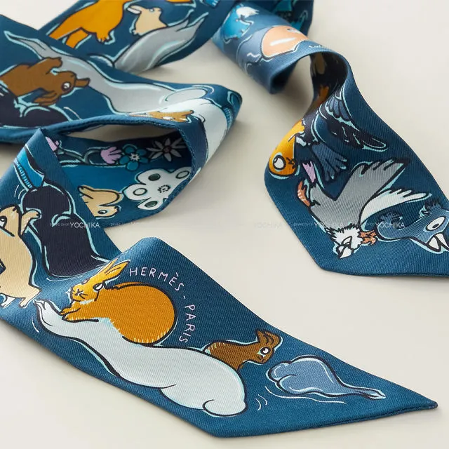 2023 AW HERMES scarf Twilly Mille et Un Lapins Marine/Cobalt/Ciel Silk100%[BRAND NEW][Authentic]