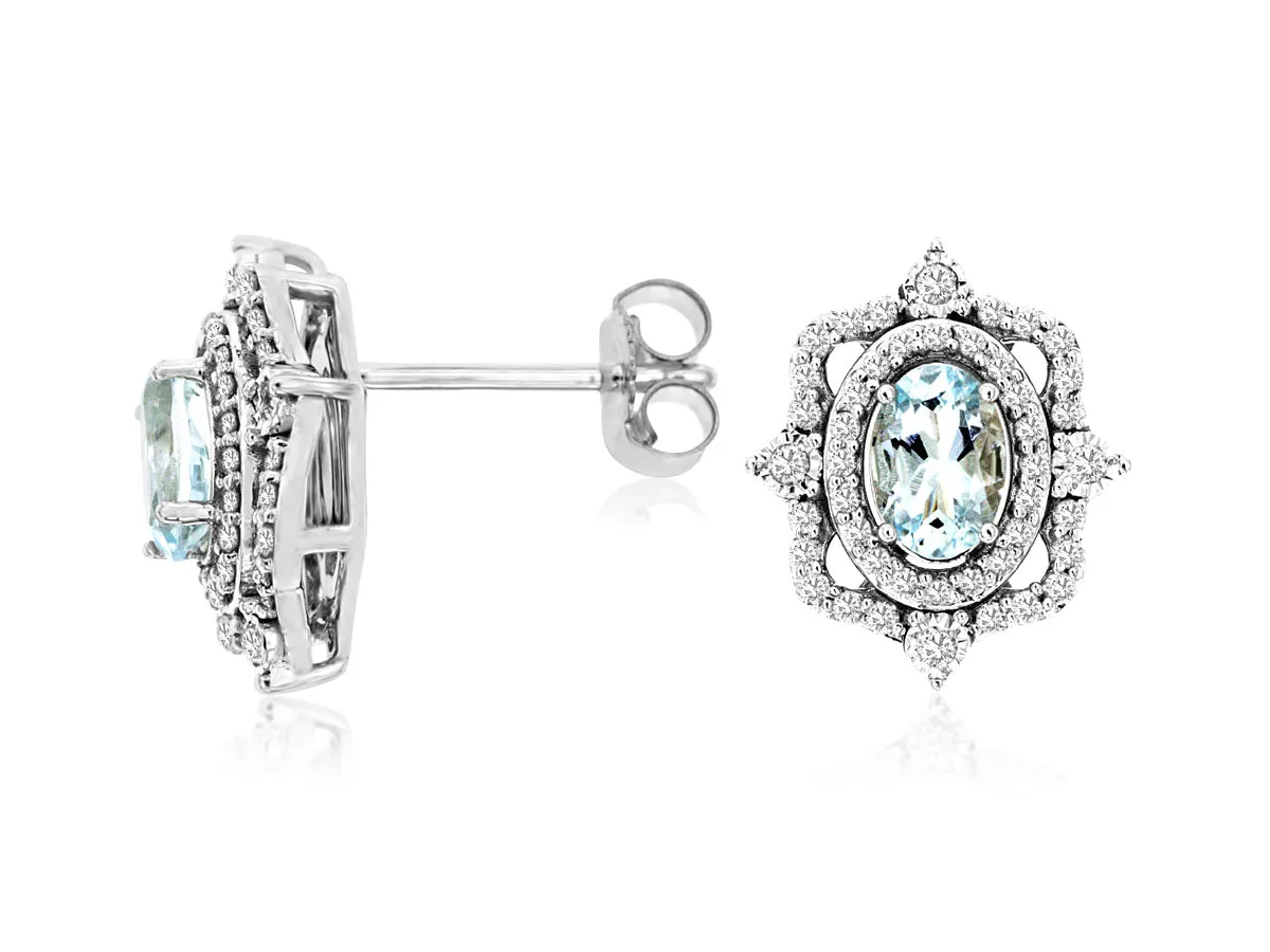 Aquamarine and Diamond Halo Vintage Style Stud Earrings