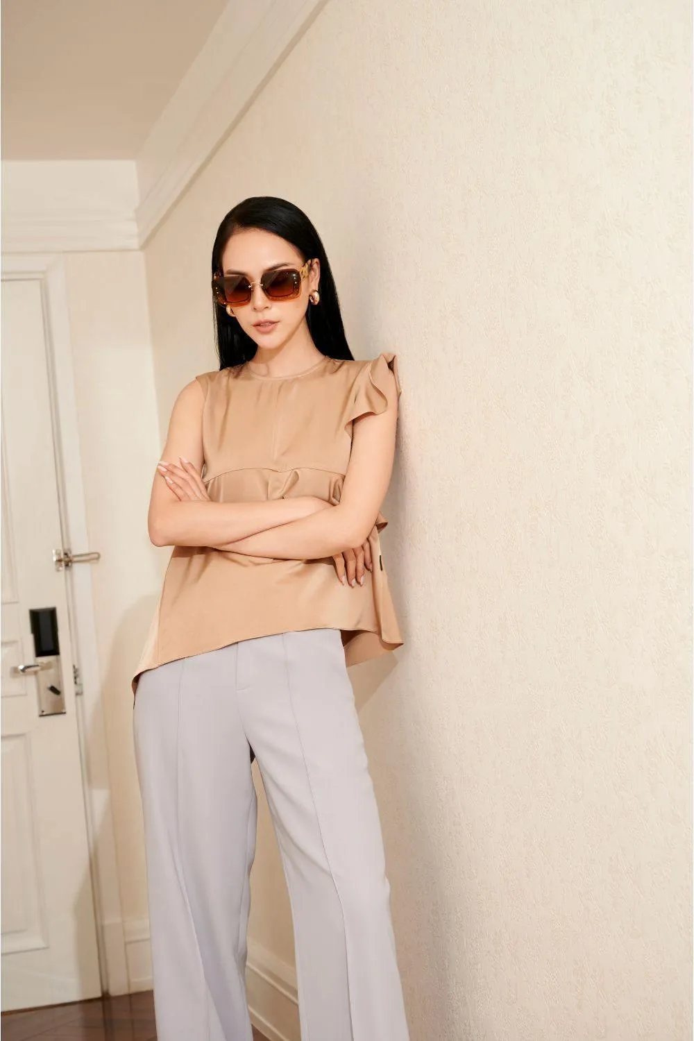 Basic Straight Wide Leg Twill Ankle Length Trousers