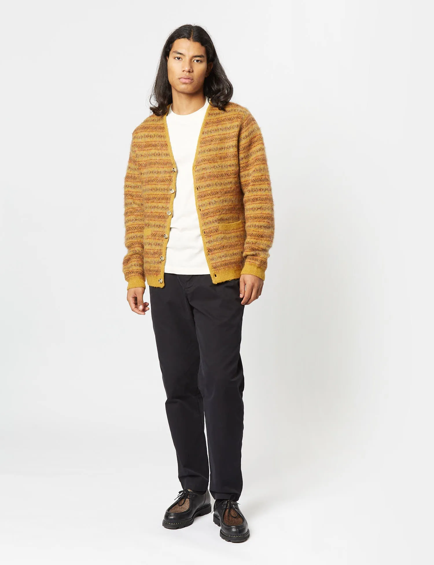 Beams Plus Double Jacquard Cardigan - Mustard