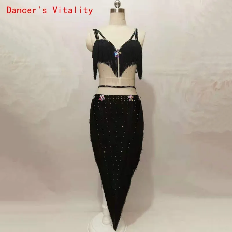 Belly Dance Female Child Adult Tassel Top Profession Custom High-End Diamond Bra Long Skirt Performance Practice Clothes Suit