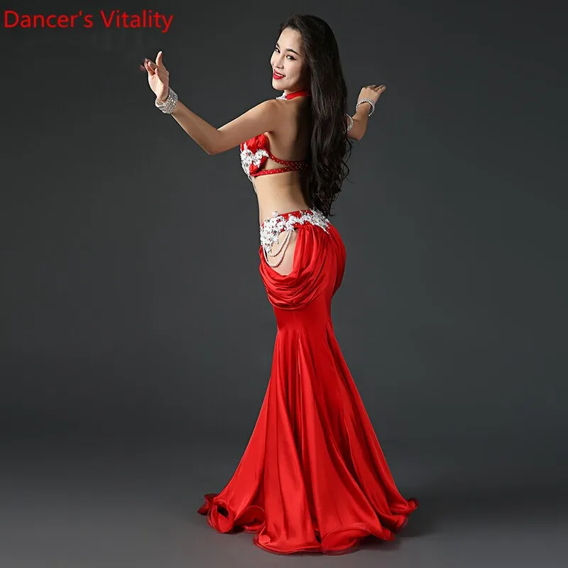 Belly Dance Professional Costume Suit Bra Satin Long Skirt 2pcs Customzied for Women Oriental Belly Dancing Competiton Clothing