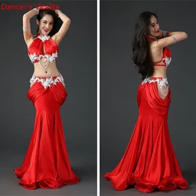 Belly Dance Professional Costume Suit Bra Satin Long Skirt 2pcs Customzied for Women Oriental Belly Dancing Competiton Clothing