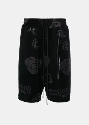 Black All-Over Design Velour Shorts