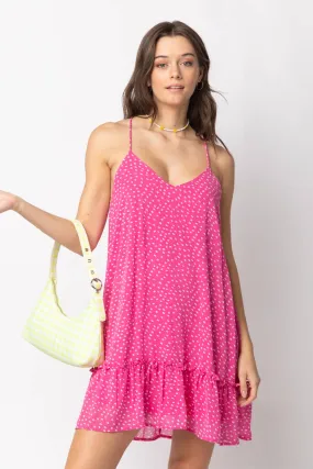 FUCHSIA SPOTTED BRAIDED STRAP RUFFLE MINI DRESS: