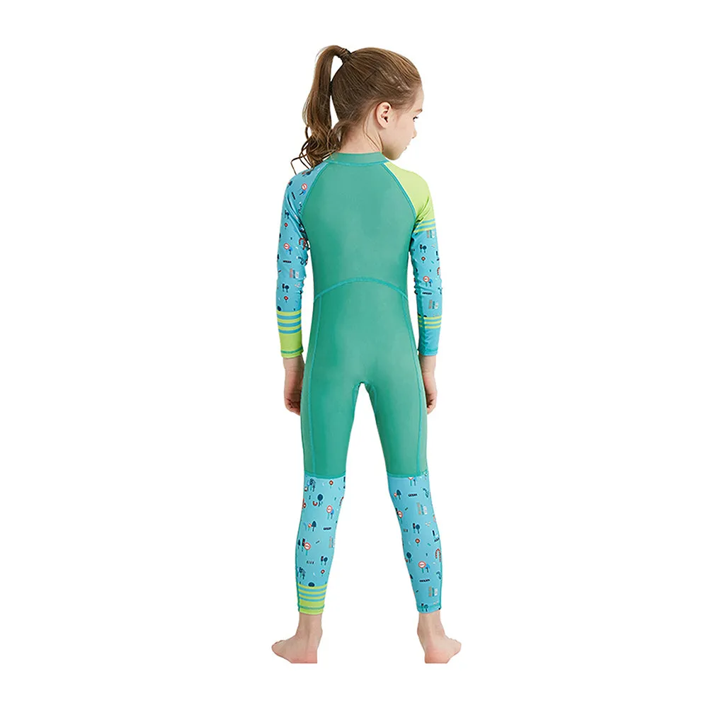 Full Sleeves Kids Swimwear Light Green & Dark Green Transport theme, UPF 50 