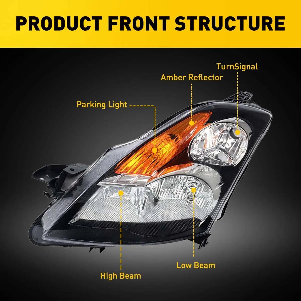 Headlight Assembly For 2007-2009 Nissan Altima 4-Door Models Black Housing with Amber Reflector