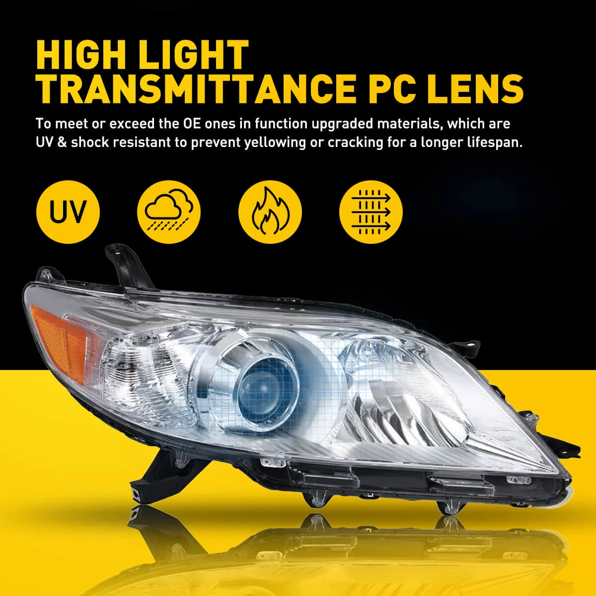 Headlight Assembly for 2011-2020 Toyota Sienna with Projector Chrome Housing Amber Reflector