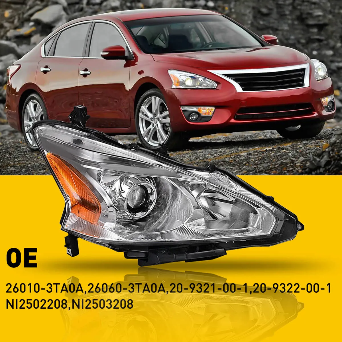 Headlight Assembly For 2013-2015 Nissan Altima Sedan 4-Door with Projector Chrome Housing Amber Reflector