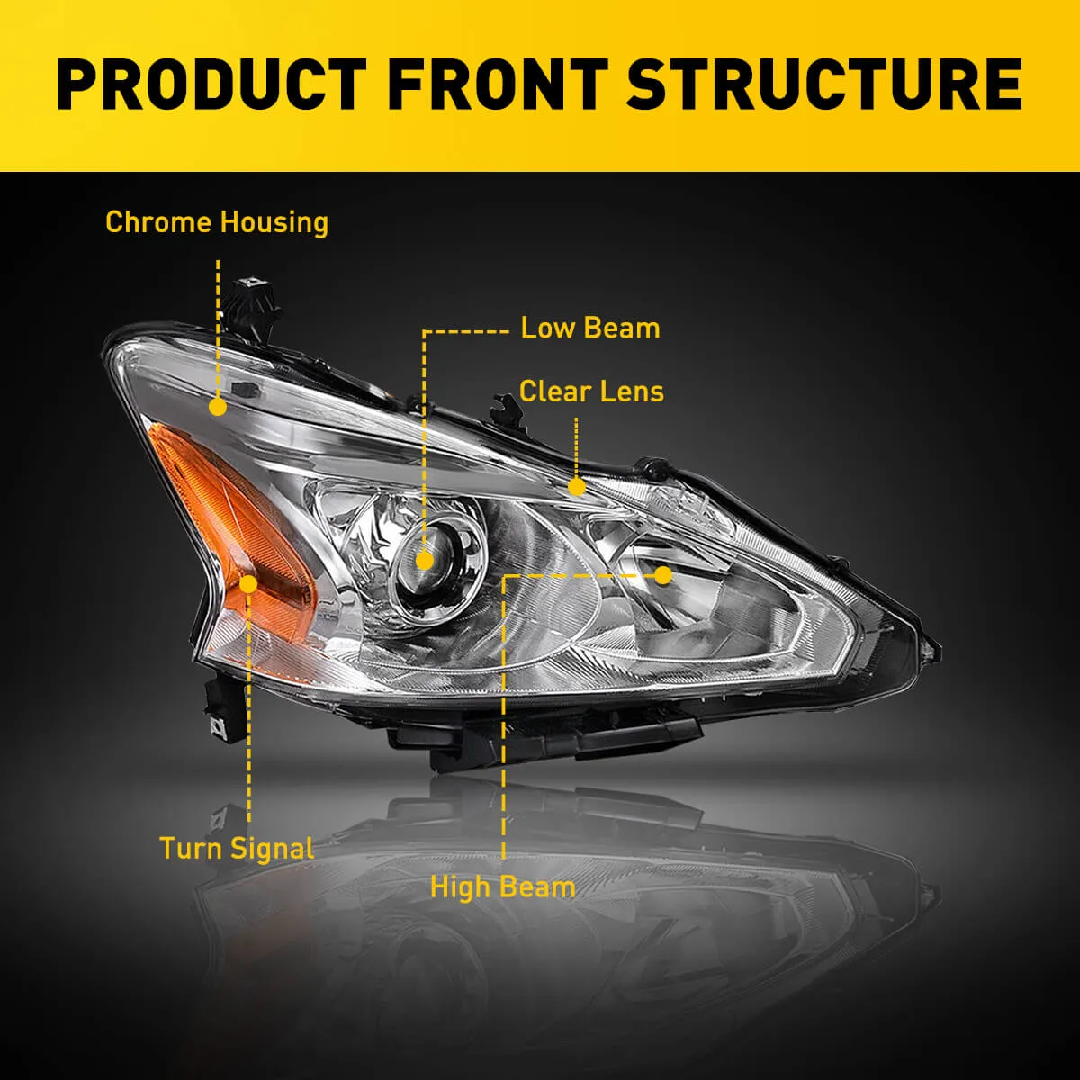 Headlight Assembly For 2013-2015 Nissan Altima Sedan 4-Door with Projector Chrome Housing Amber Reflector