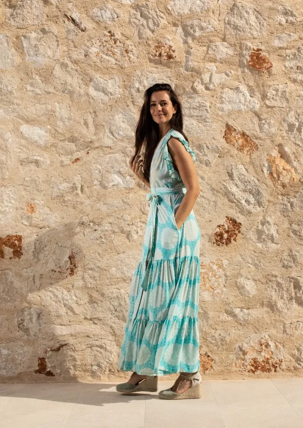 Izzy Wrap Long Dress // Benirras Print - Celeste