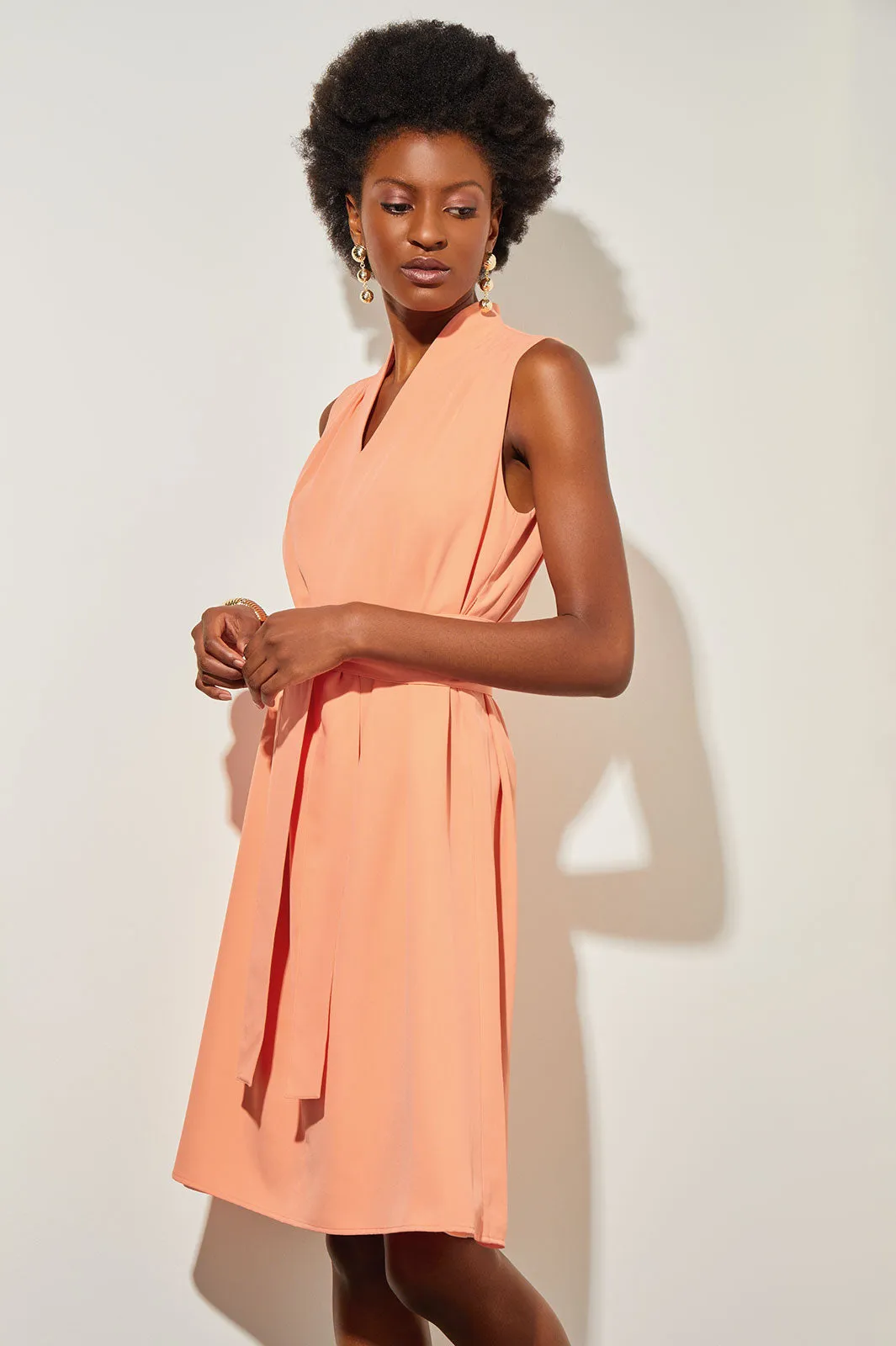 Knee-Length A-Line Dress - Tie-Waist Crepe de Chine