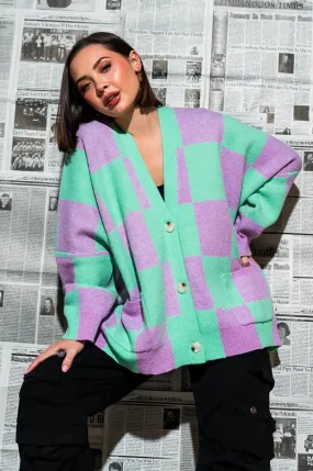 Love You Oversized Checkerboard Cardigan in Lilac   Mint