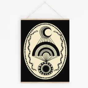 Moon Over Sun Black Art Print