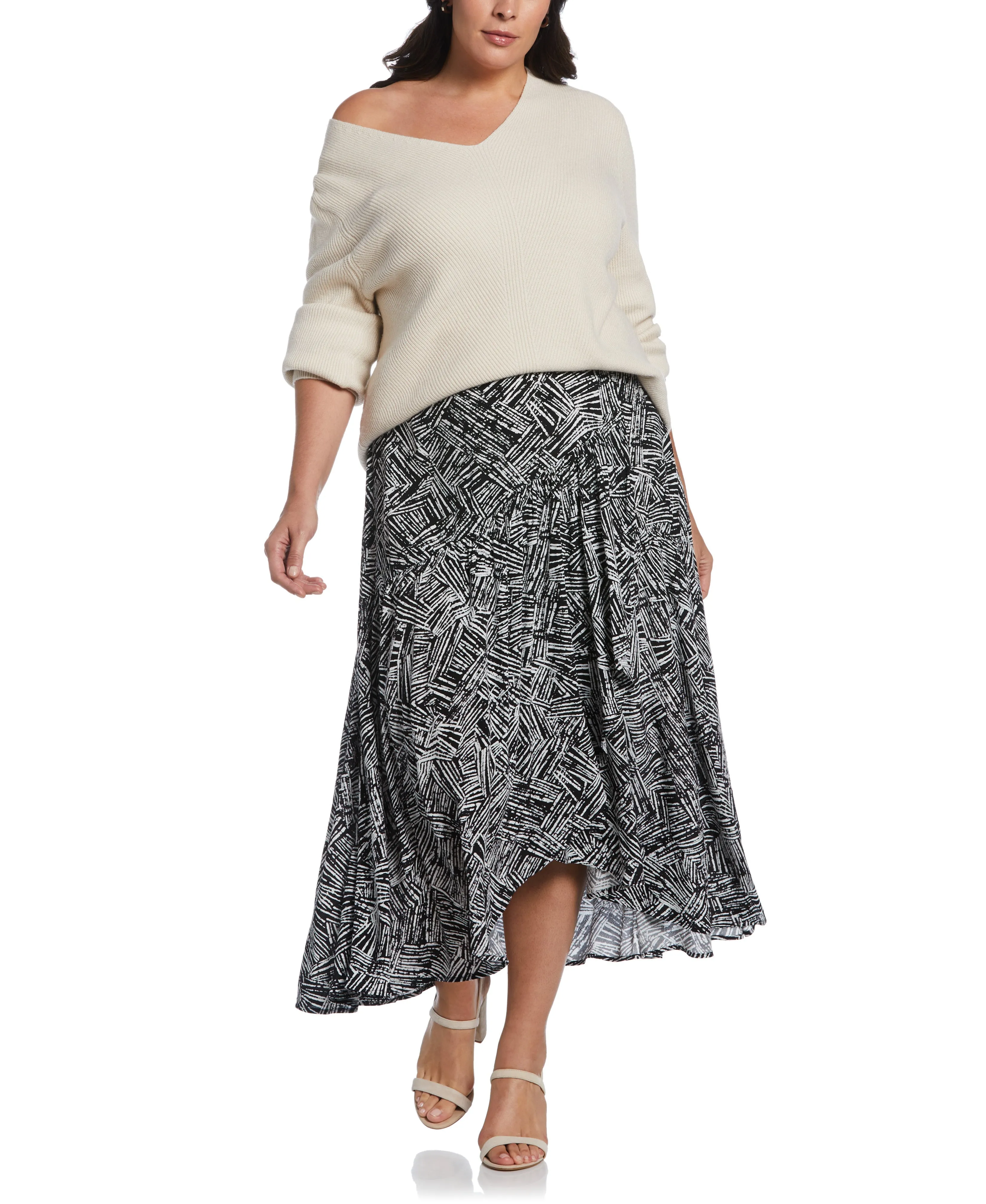 Plus Size Printed Crepe Faux Wrap Skirt