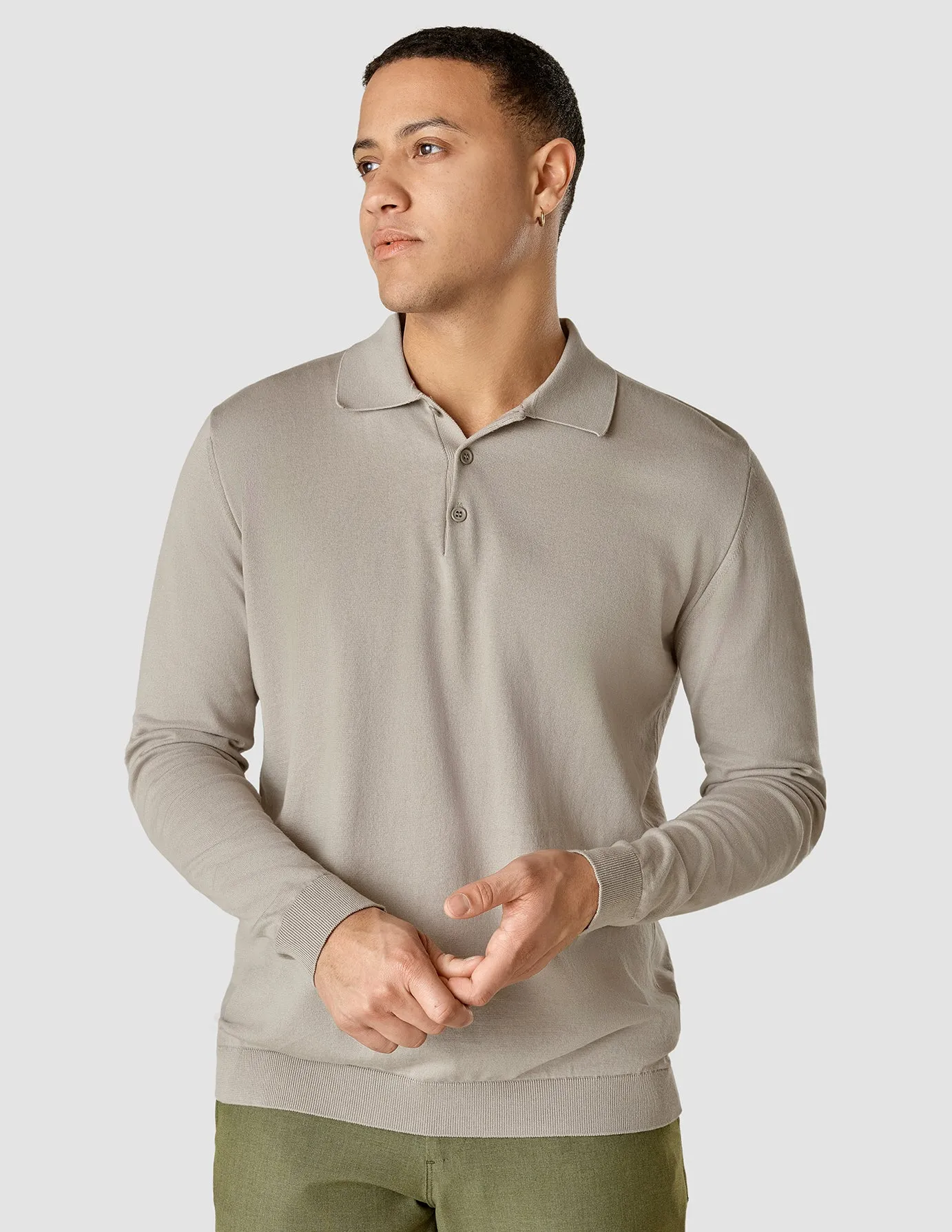 Silk / Cotton Long Sleeve Polo Light Grey