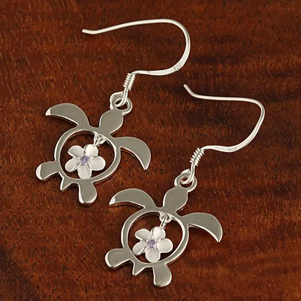 Sterling Silver 6mm Plumeria with Purple CZ in Honu (Hawaiian Turtle) Hook Earrings