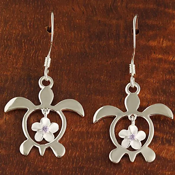 Sterling Silver 6mm Plumeria with Purple CZ in Honu (Hawaiian Turtle) Hook Earrings