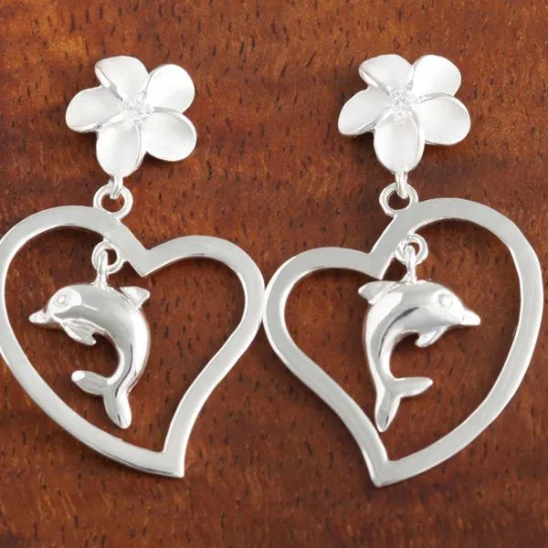 Sterling Silver 8mm Plumeria and Dolphin in Heart Post Earrings