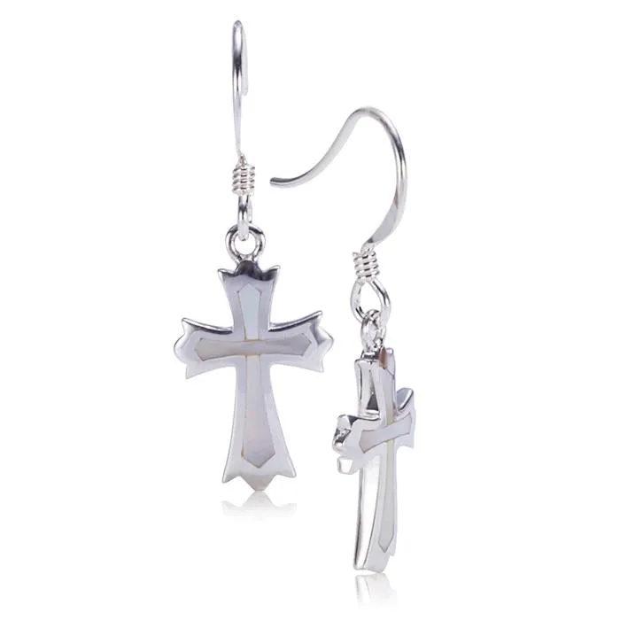 Sterling Silver Cross with Mother-of-Pearl Inlay Hook Earrings