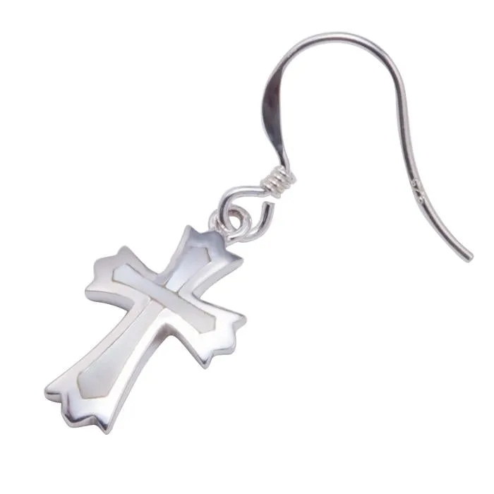 Sterling Silver Cross with Mother-of-Pearl Inlay Hook Earrings